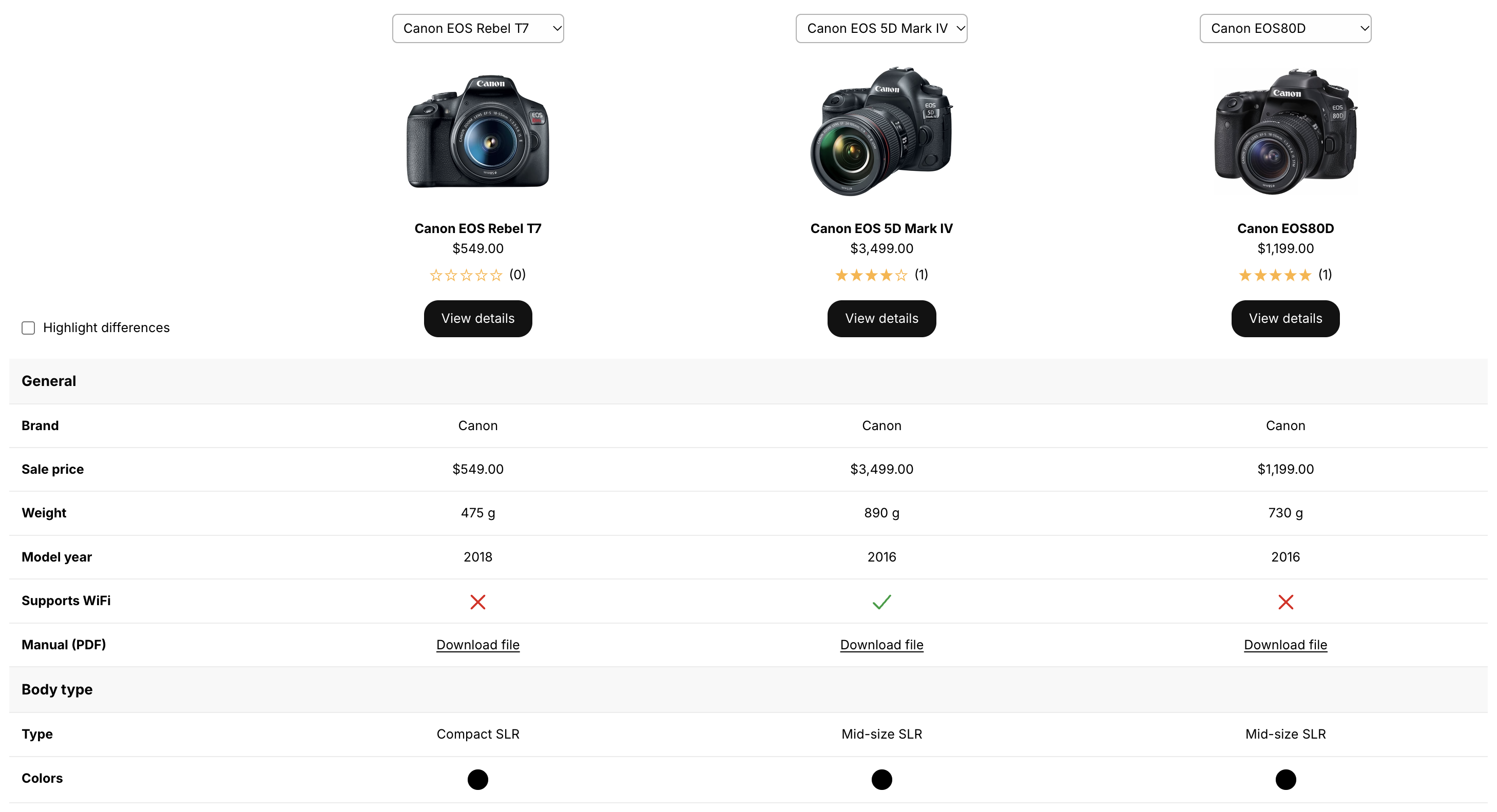 Comparison table with a product dropdown