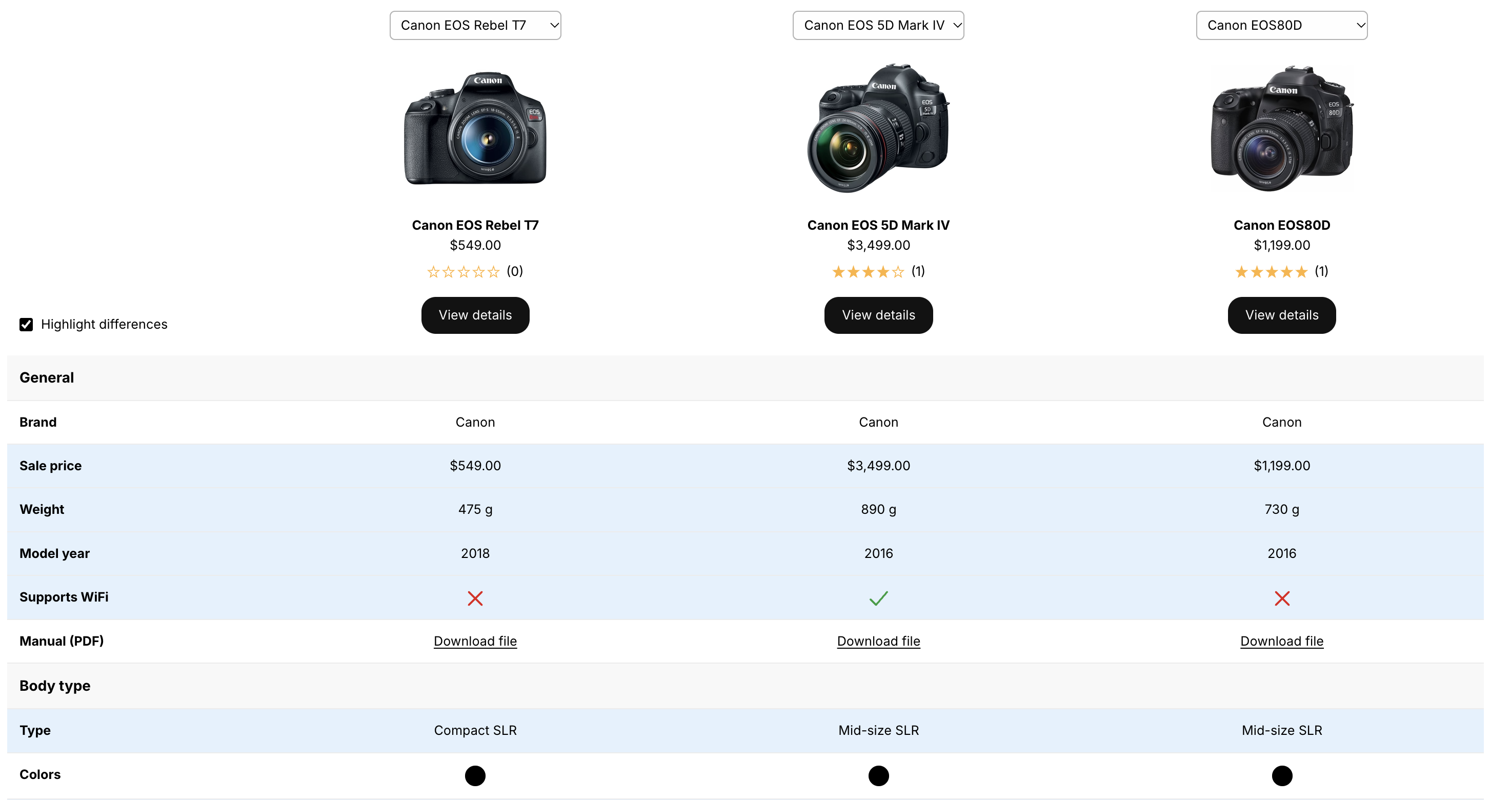 Highlighted differences in a comparison table