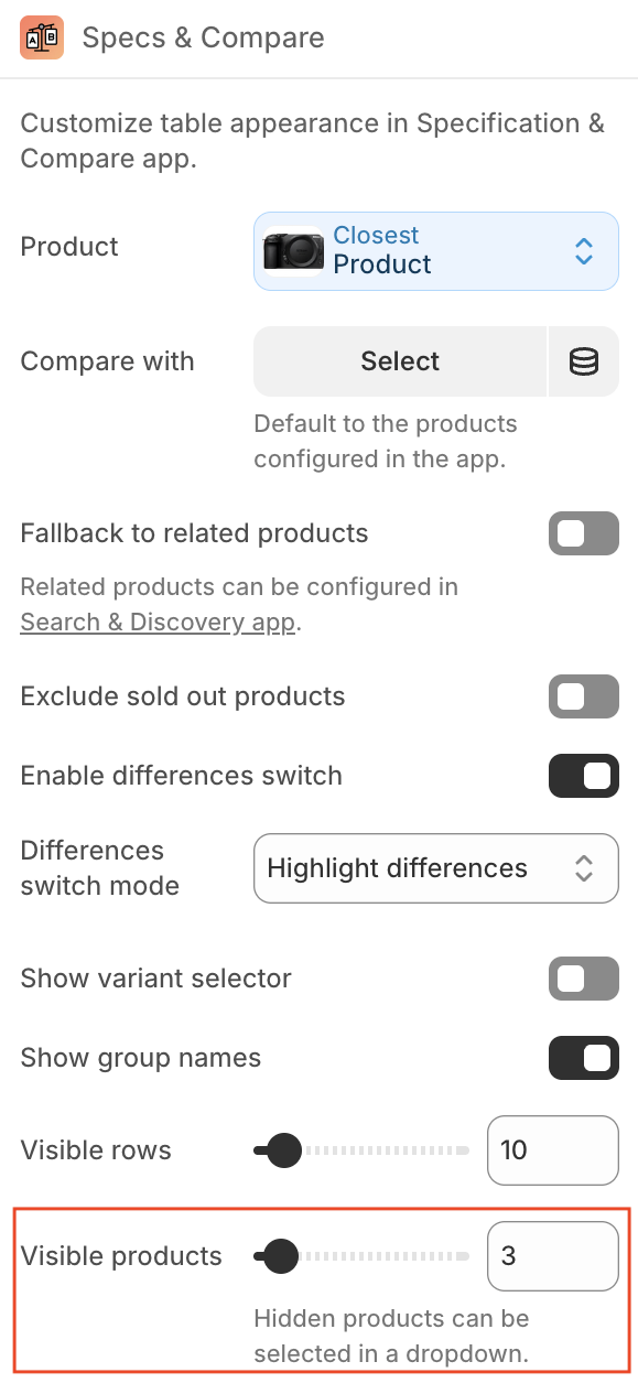 Visible products setting
