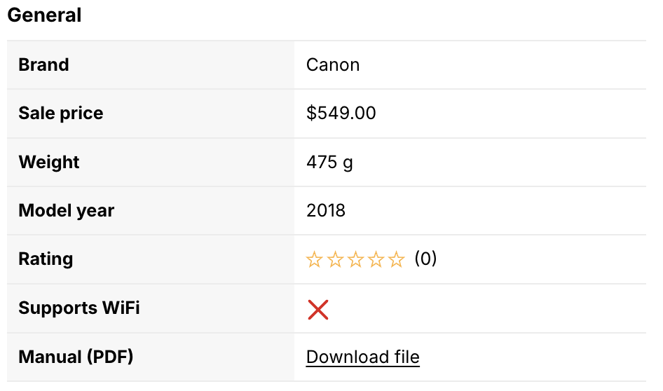 Download link in a specification table