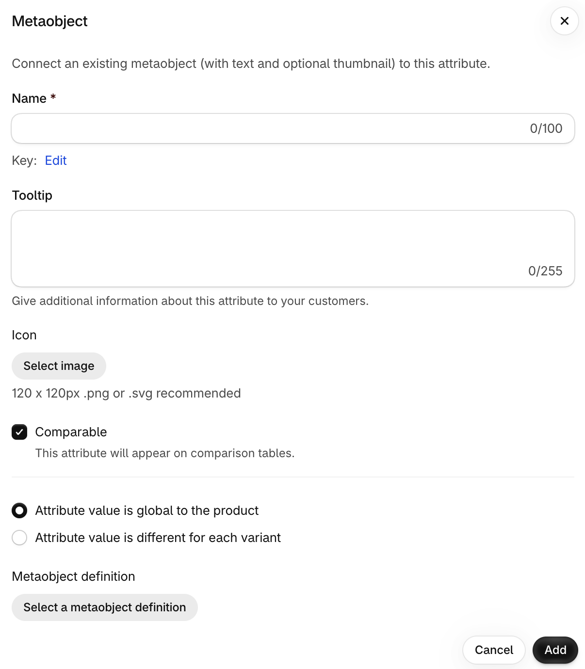 Metaobject attribute settings